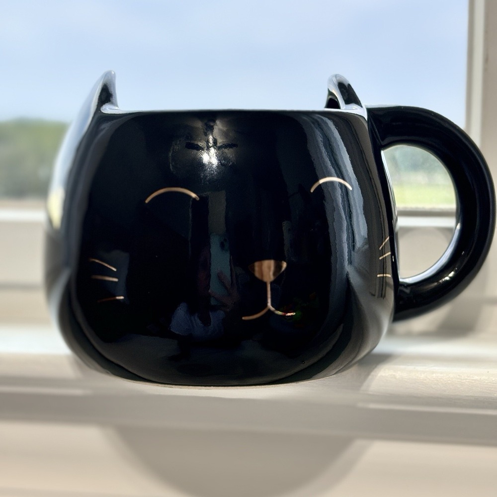 Tri-Coastal Design Black Cat Coffee Tea Mug Wide With Ears Gold MEOW Inside Cup